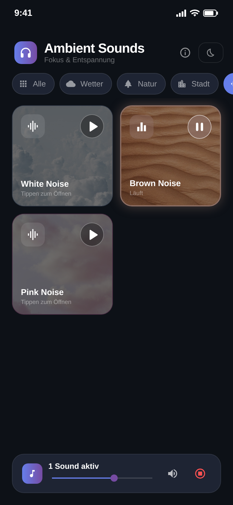 Kategorie Noise mit White, Pink und Brown Noise, Brown Noise läuft