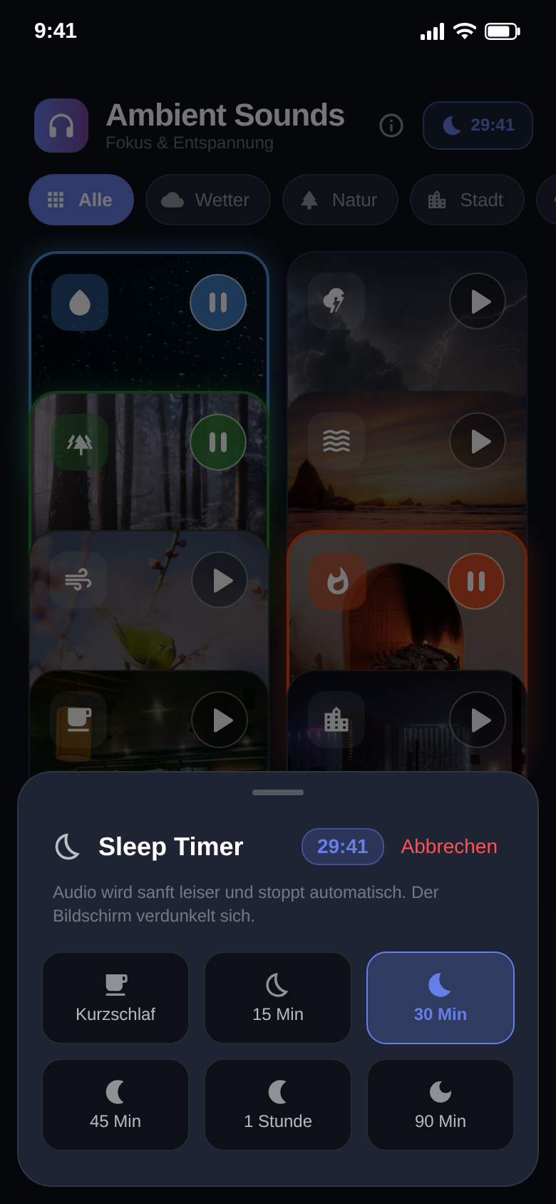 Sleep Timer mit den Stufen Kurzschlaf, 15, 30, 45, 60 und 90 Minuten