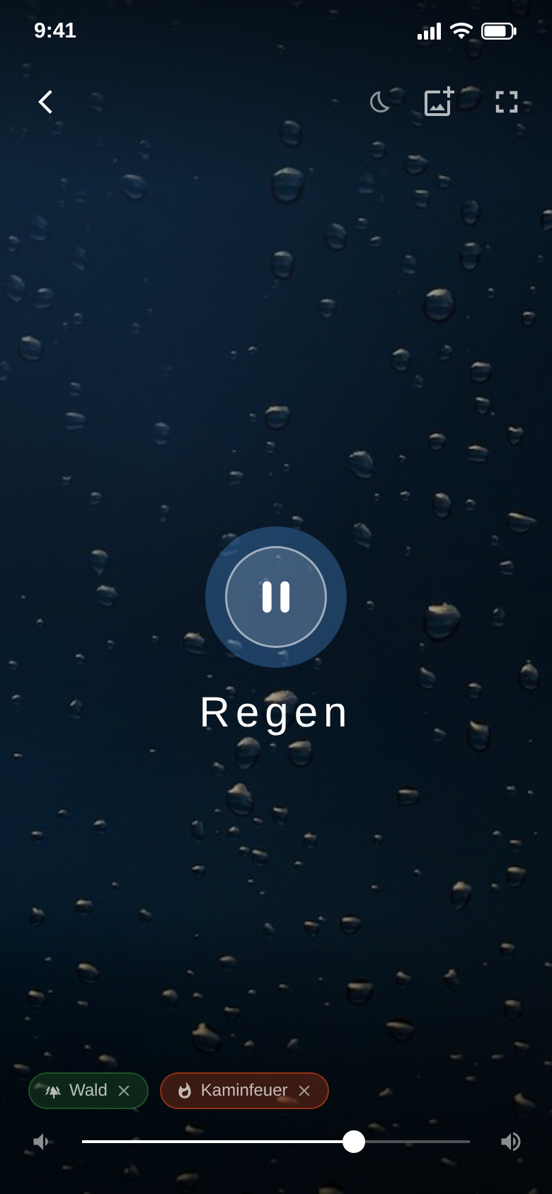 Vollbild-Ansicht von „Regen“ mit Pause-Knopf, Lautstärkeregler und Chips für Wald und Kaminfeuer